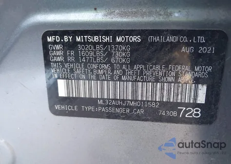 2021 Mitsubishi Mirage Es/Le/Carbonite Edition z USA, uszkodzony, nr VIN ML32AUHJ7MH011582